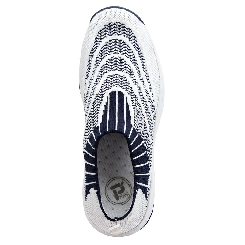 White / Navy Women's Propet Wash N Wear Slip-On Knit Walking Shoes | psCCNKjo